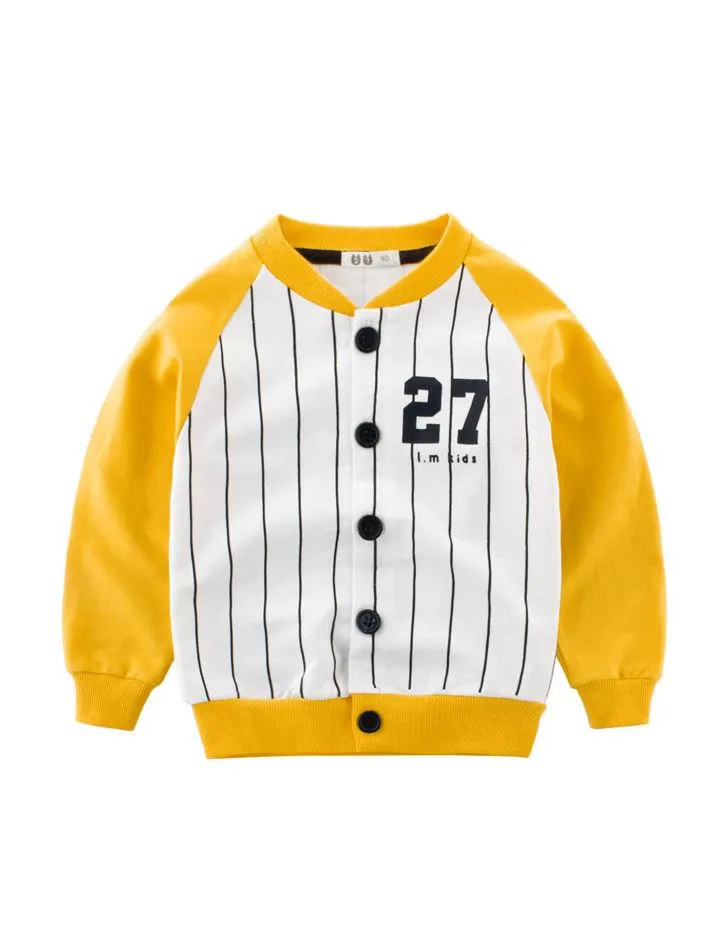 5 Colors Stylish 27 Print Buttoned Striped French Terry Jacket Long Sleeve Toddler Kids Sportswear