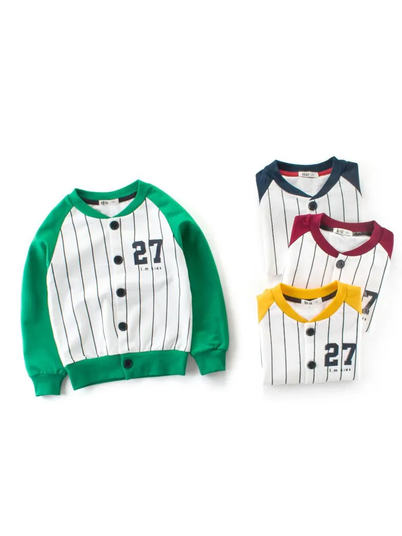 5 Colors Stylish 27 Print Buttoned Striped French Terry Jacket Long Sleeve Toddler Kids Sportswear