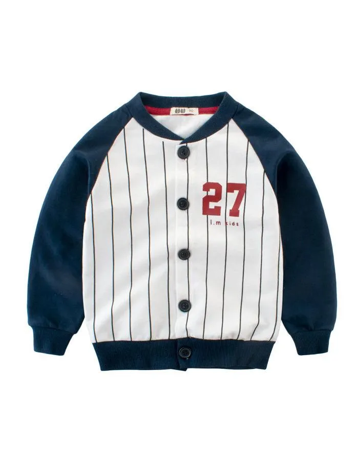 5 Colors Stylish 27 Print Buttoned Striped French Terry Jacket Long Sleeve Toddler Kids Sportswear
