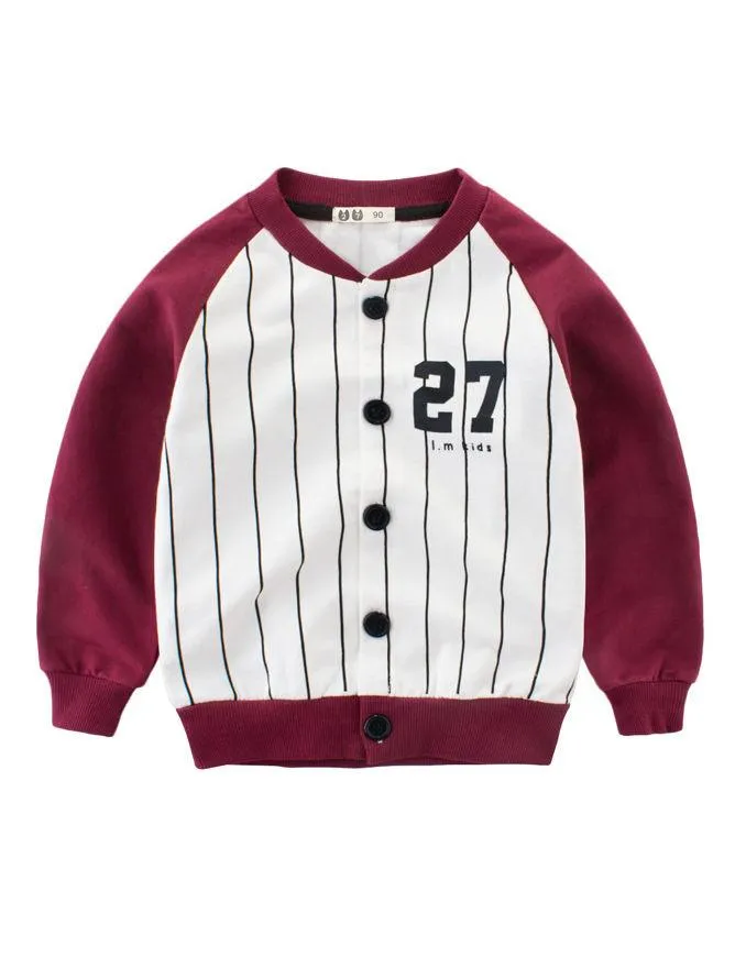 5 Colors Stylish 27 Print Buttoned Striped French Terry Jacket Long Sleeve Toddler Kids Sportswear