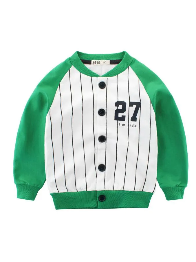 5 Colors Stylish 27 Print Buttoned Striped French Terry Jacket Long Sleeve Toddler Kids Sportswear