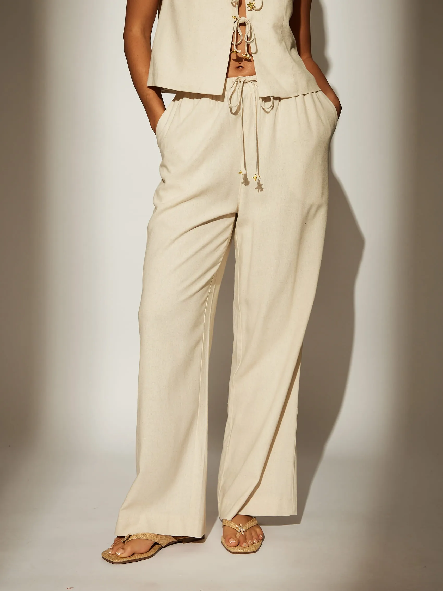 Beige Linen Blend Tailored Trousers
