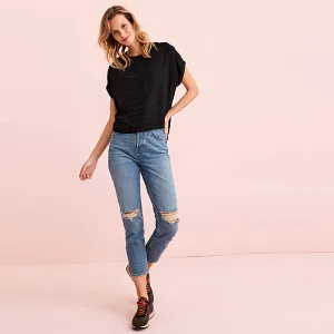 Black Stripe Short Sleeve Woven Mix Boxy T-Shirt