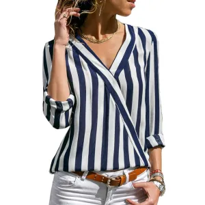 Casual Striped Ladies' Long Sleeve V-neck Chiffon Tops For Office