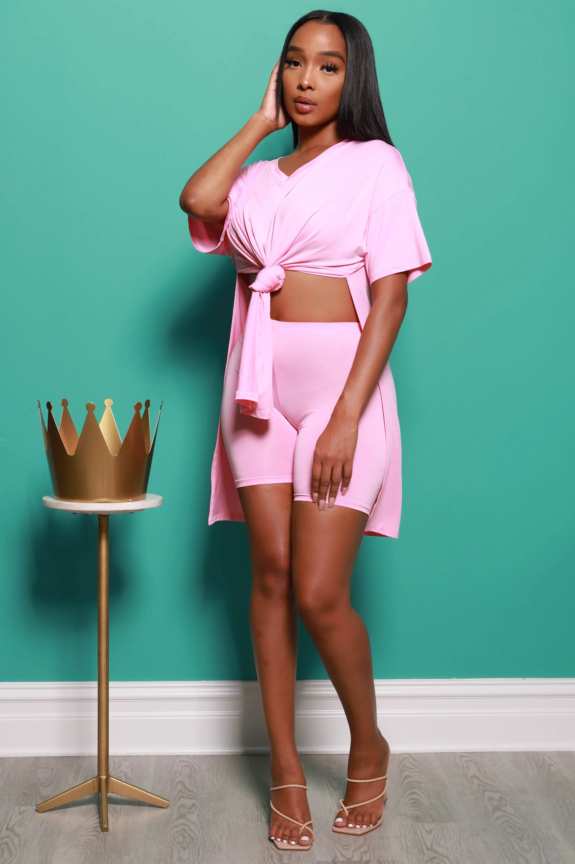 Check the Score V-Neck Biker Set - Pink