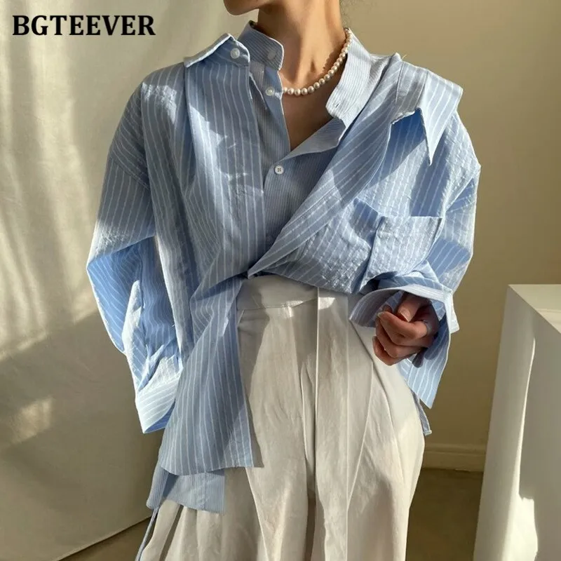 Christmas Gift Joskaa Spring Summer Fake Two-piece Female Striped Shirts Tops 2024 Casual Lapel Oversized Pockets Lace Up Women Blouse Shirts