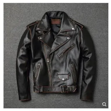 Classic motor biker genuine leather jacket.