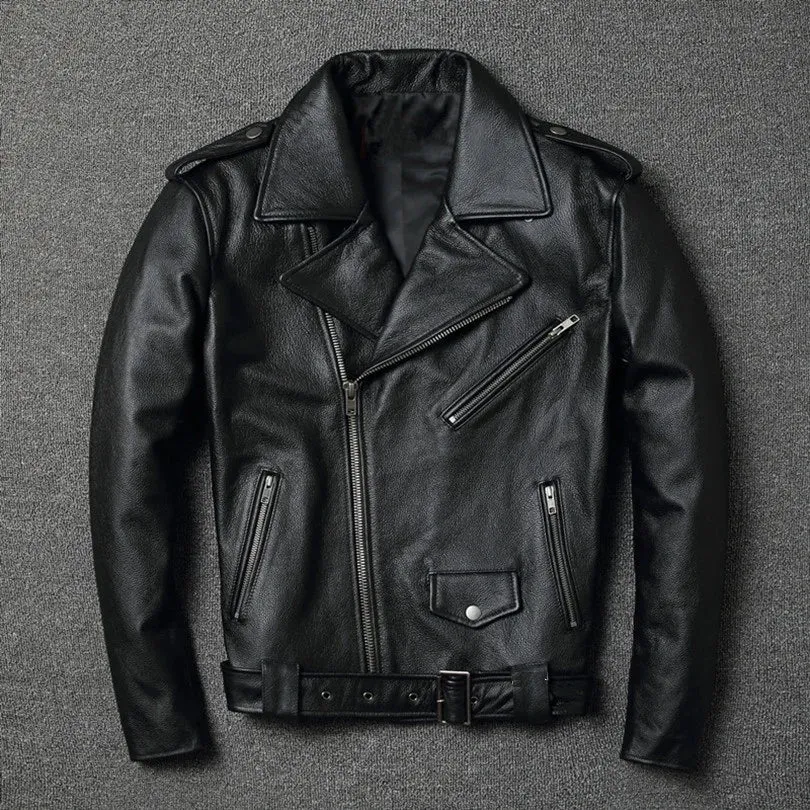 Classic motor biker genuine leather jacket.