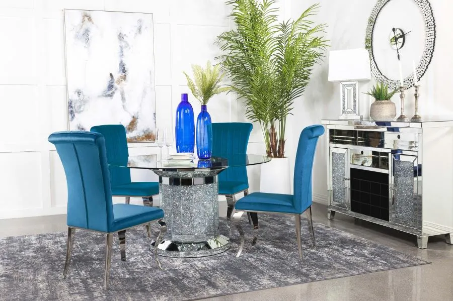CO-102 CYLINDER PEDESTAL TABLE   4 CHAIRS DINING ROOM SET - BLUE