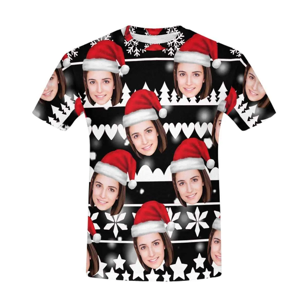 Custom Face Christmas Tee Red Background Men's All Over Print T-shirt with Personalized Pictures