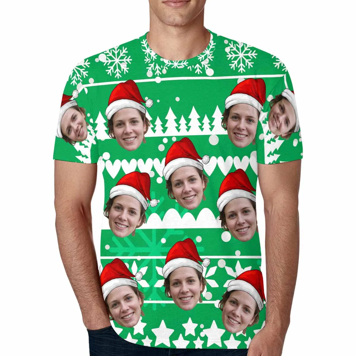 Custom Face Christmas Tee Red Background Men's All Over Print T-shirt with Personalized Pictures