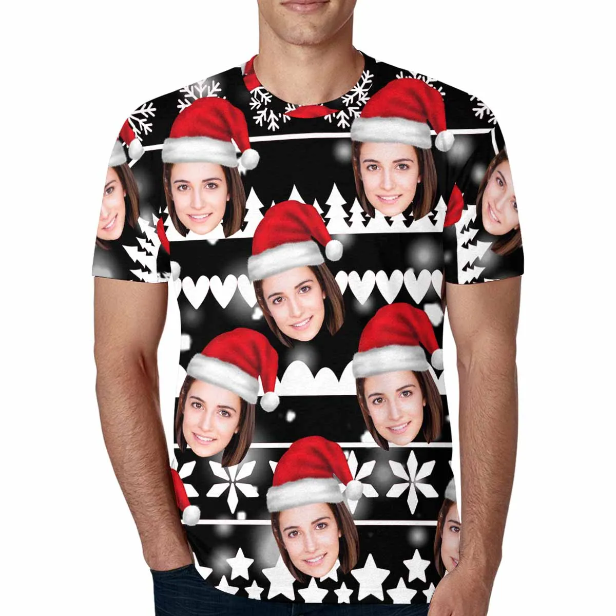 Custom Face Christmas Tee Red Background Men's All Over Print T-shirt with Personalized Pictures