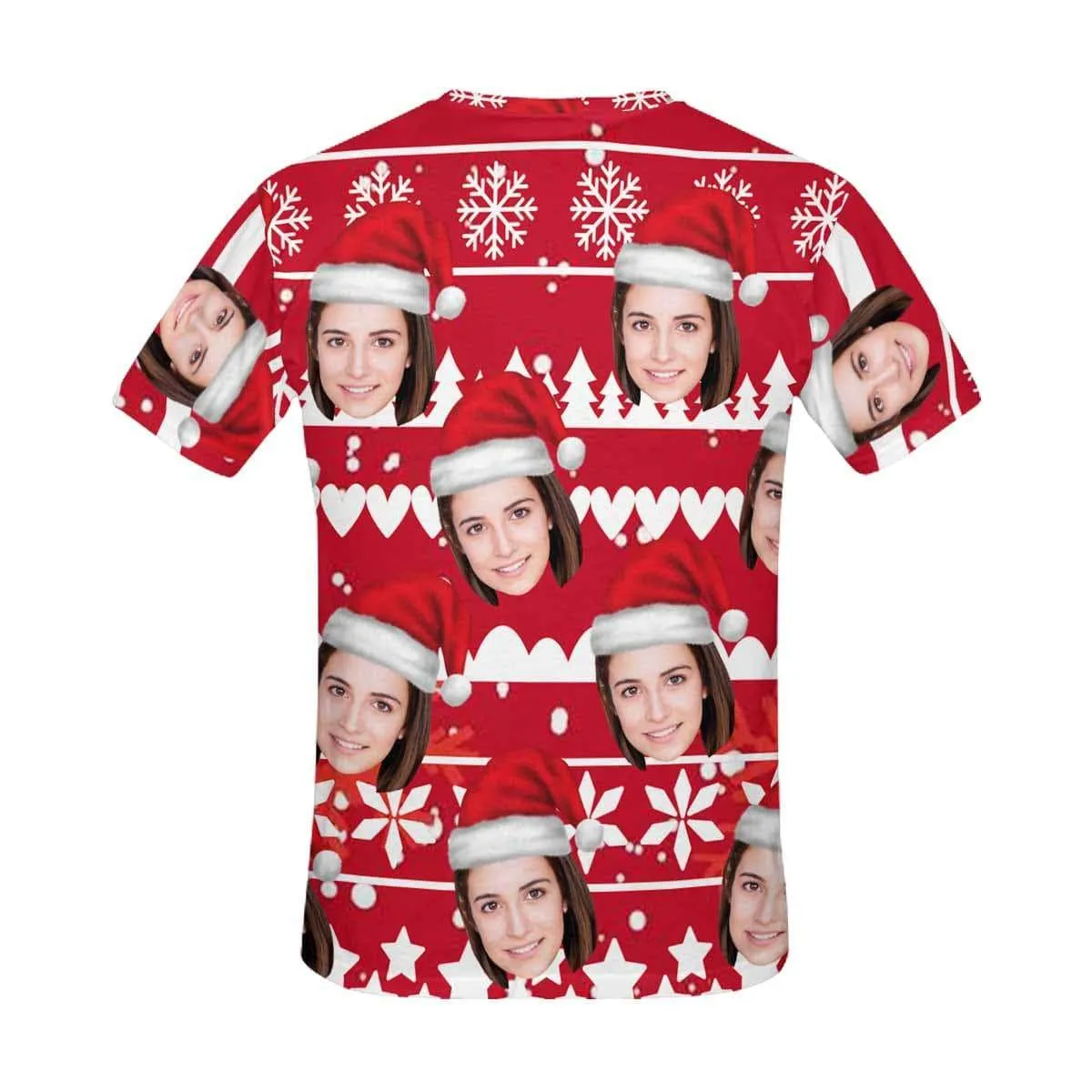 Custom Face Christmas Tee Red Background Men's All Over Print T-shirt with Personalized Pictures