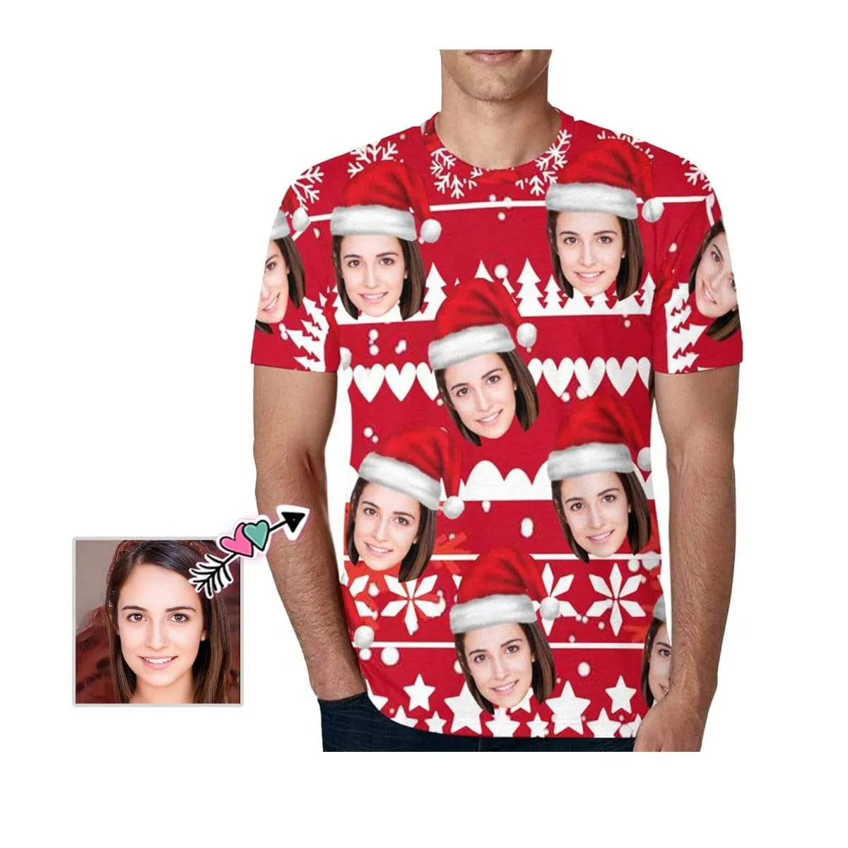 Custom Face Christmas Tee Red Background Men's All Over Print T-shirt with Personalized Pictures