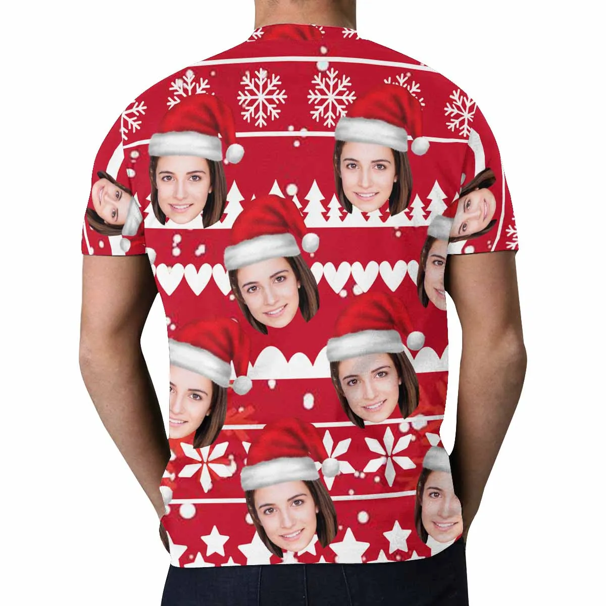 Custom Face Christmas Tee Red Background Men's All Over Print T-shirt with Personalized Pictures