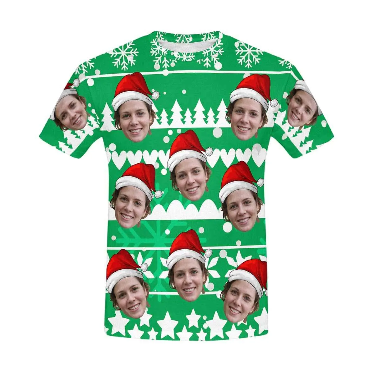 Custom Face Christmas Tee Red Background Men's All Over Print T-shirt with Personalized Pictures