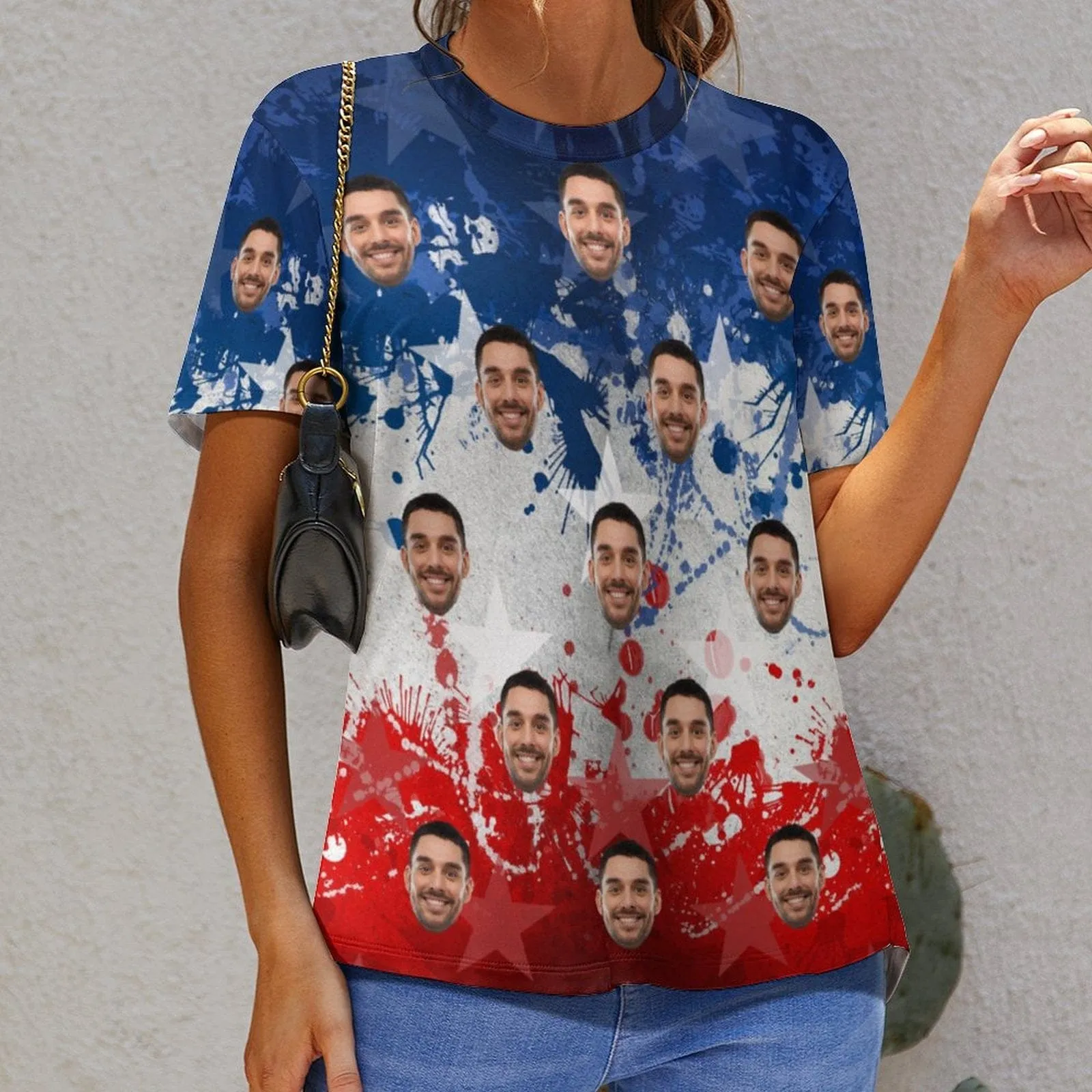 Custom Face Star Blue White Red Classic Women's T-shirt Personalized Women's All Over Print T-shirt