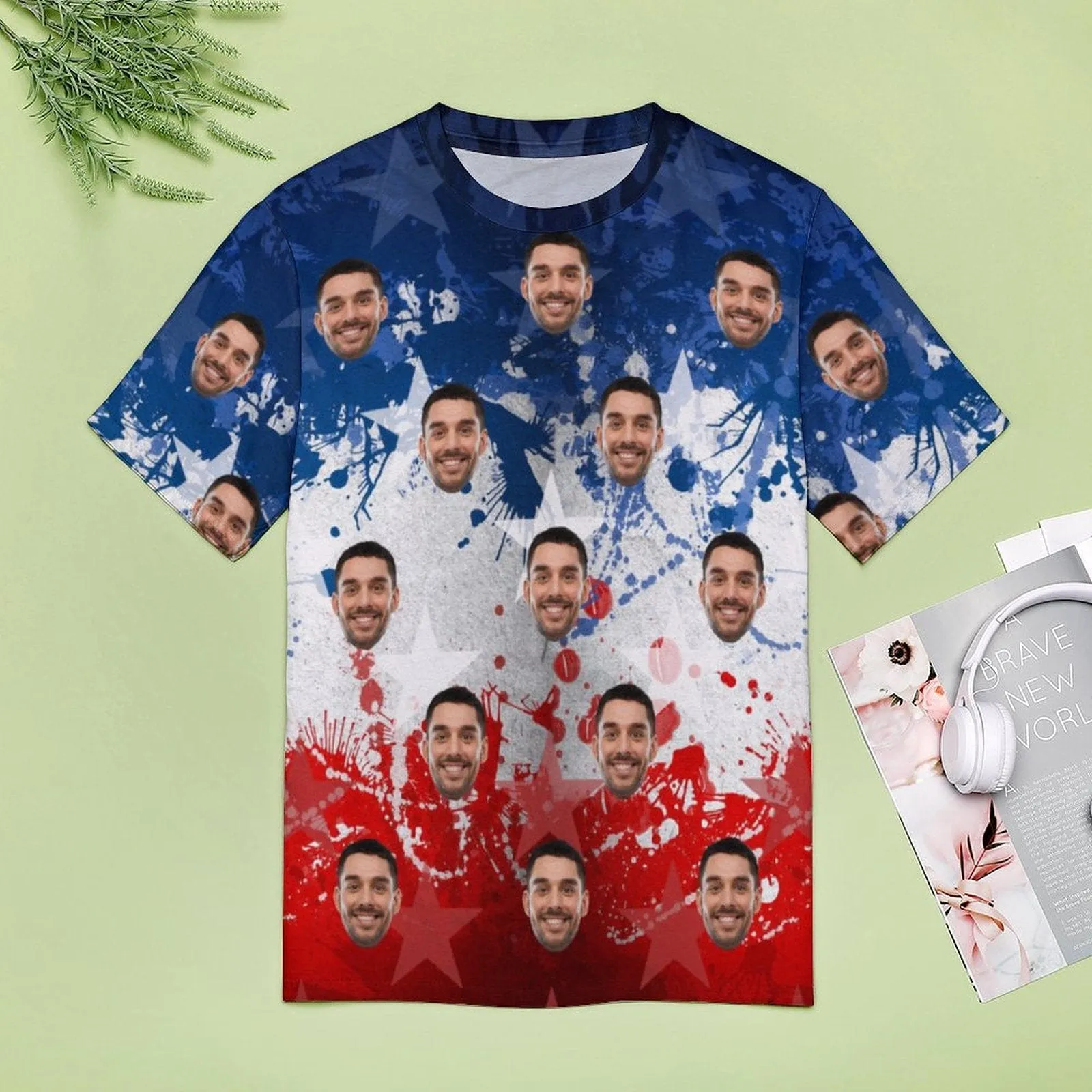 Custom Face Star Blue White Red Classic Women's T-shirt Personalized Women's All Over Print T-shirt
