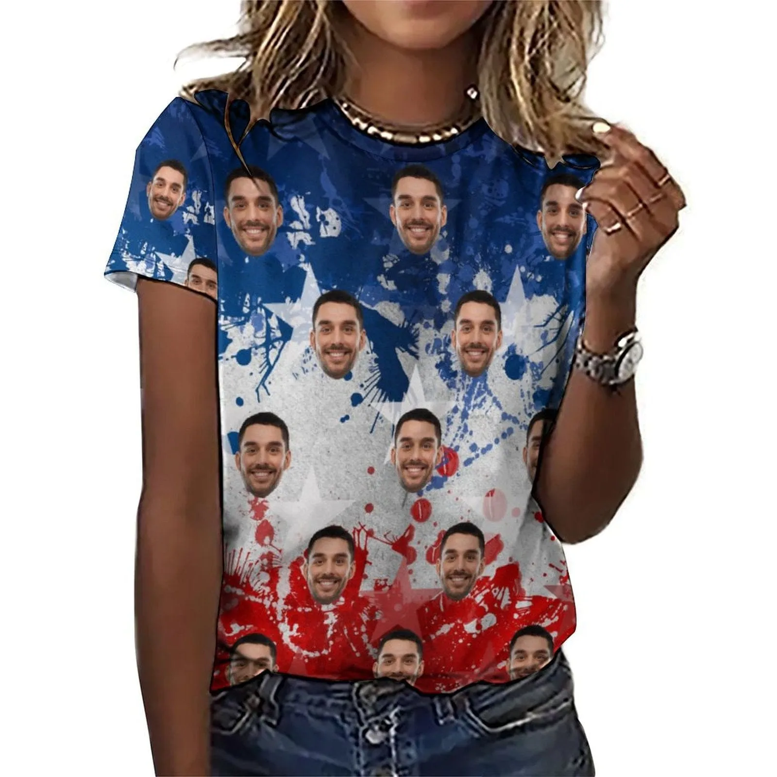 Custom Face Star Blue White Red Classic Women's T-shirt Personalized Women's All Over Print T-shirt