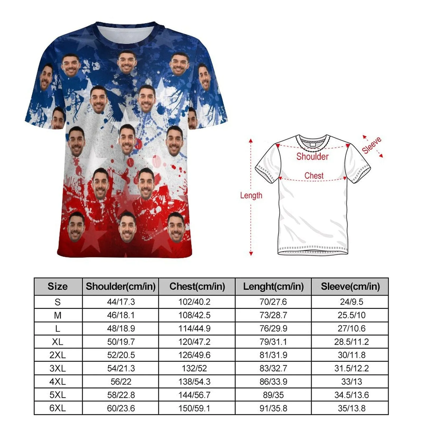 Custom Face Star Blue White Red Classic Women's T-shirt Personalized Women's All Over Print T-shirt