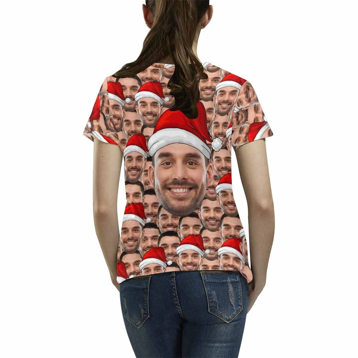 Custom Your Face on A Shirt Christmas Hats Women's All Over Print T-shirt Design Your Own Shirts Gift for Xmas