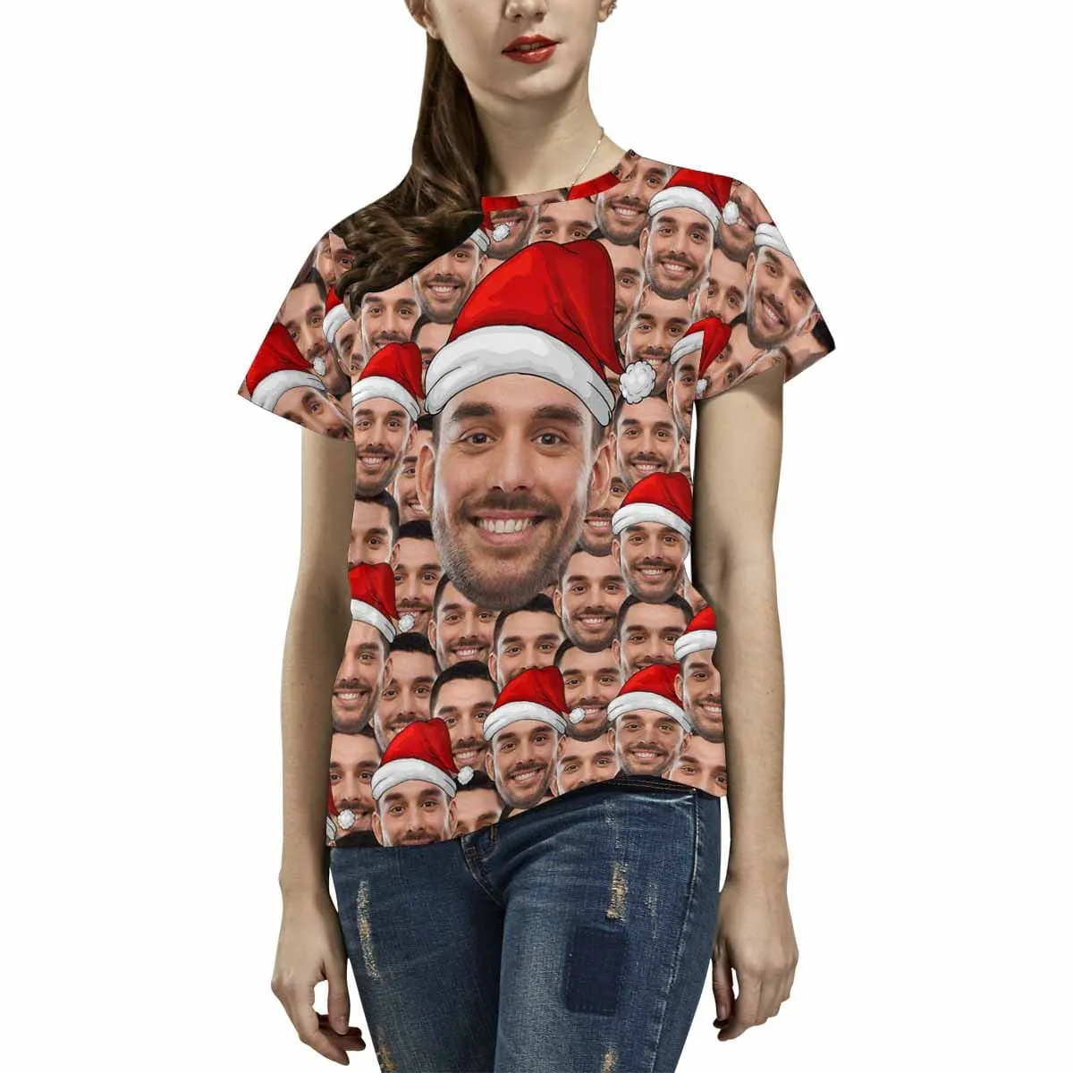 Custom Your Face on A Shirt Christmas Hats Women's All Over Print T-shirt Design Your Own Shirts Gift for Xmas