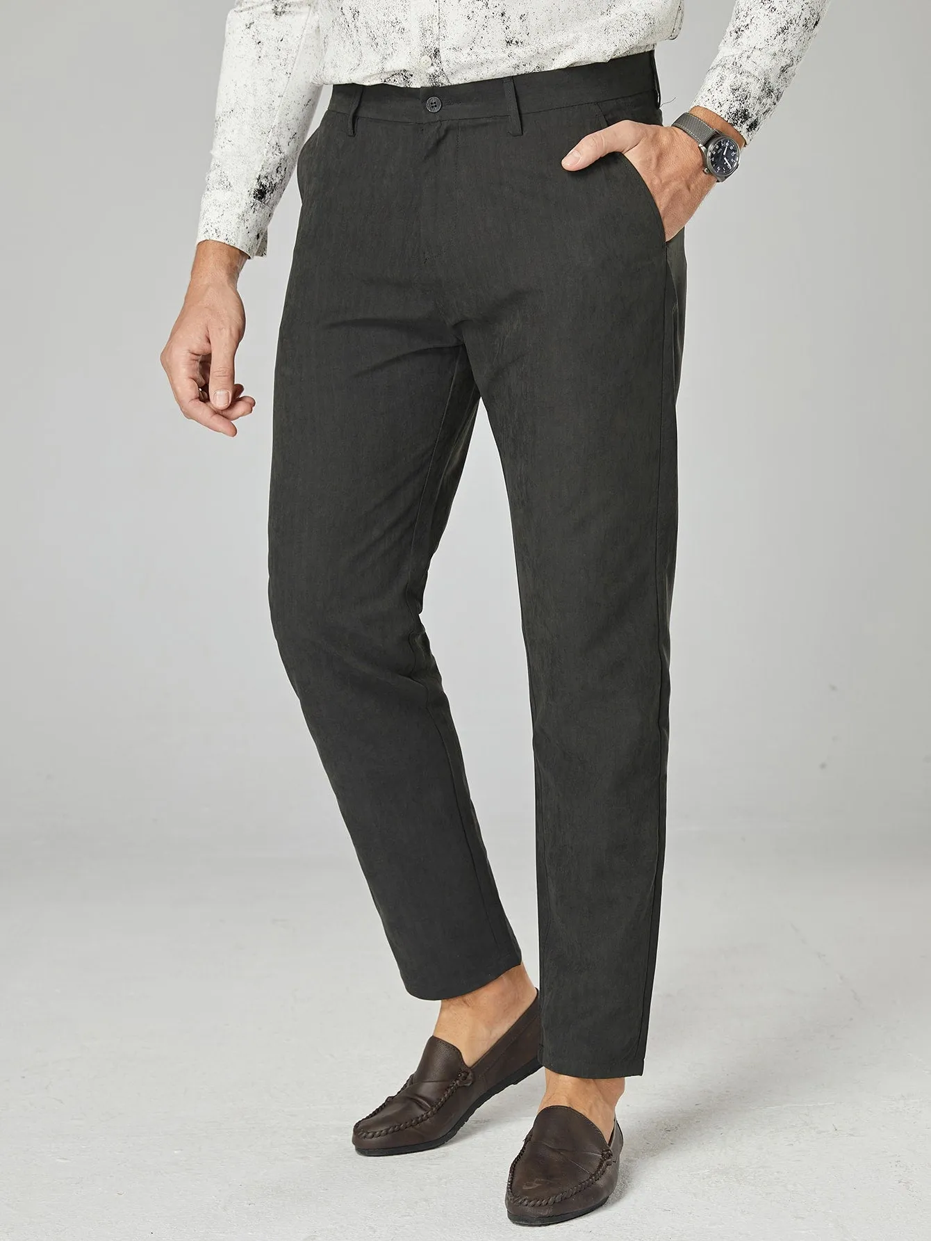 Dark Grey Slant Pockets Zipper Fly Tailored Pants