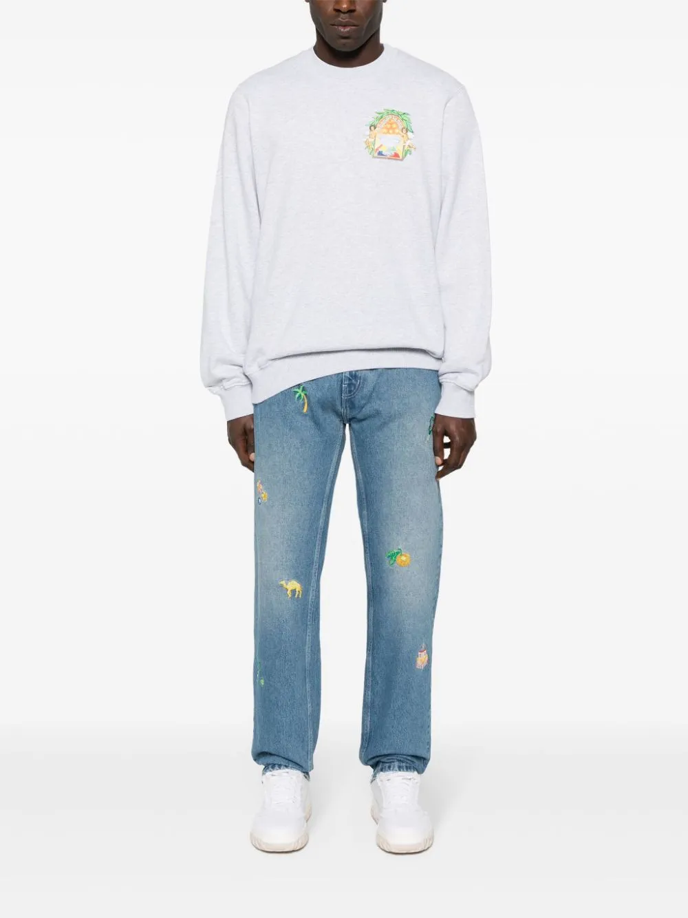 embroidered-design cotton straight-leg jeans