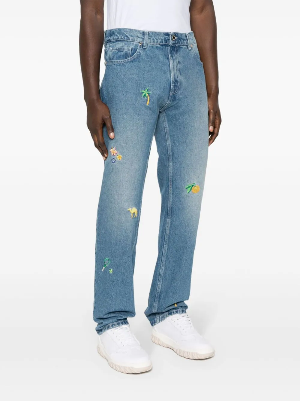 embroidered-design cotton straight-leg jeans