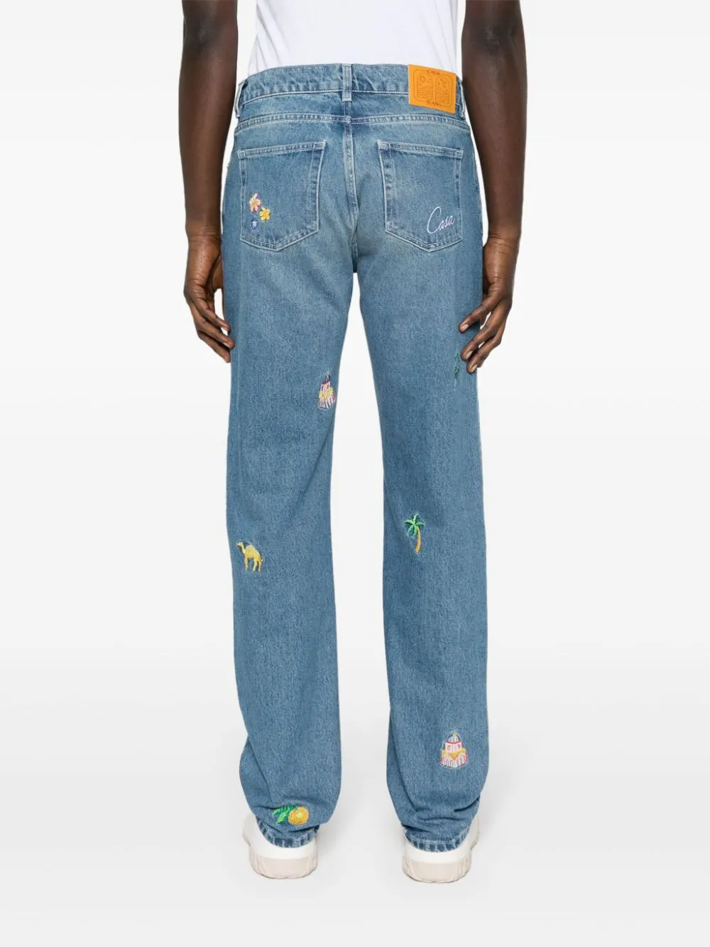 embroidered-design cotton straight-leg jeans
