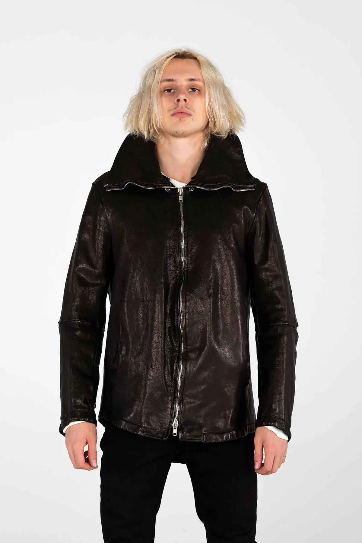 EXAGGERATED NECK LEATHER JACKET