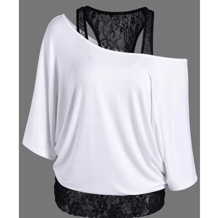 Fashion Scoop One Shoulder Lace Patchwork Short Sleeves T-shirt