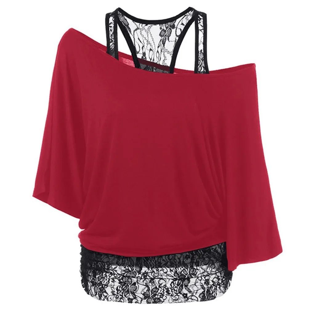 Fashion Scoop One Shoulder Lace Patchwork Short Sleeves T-shirt