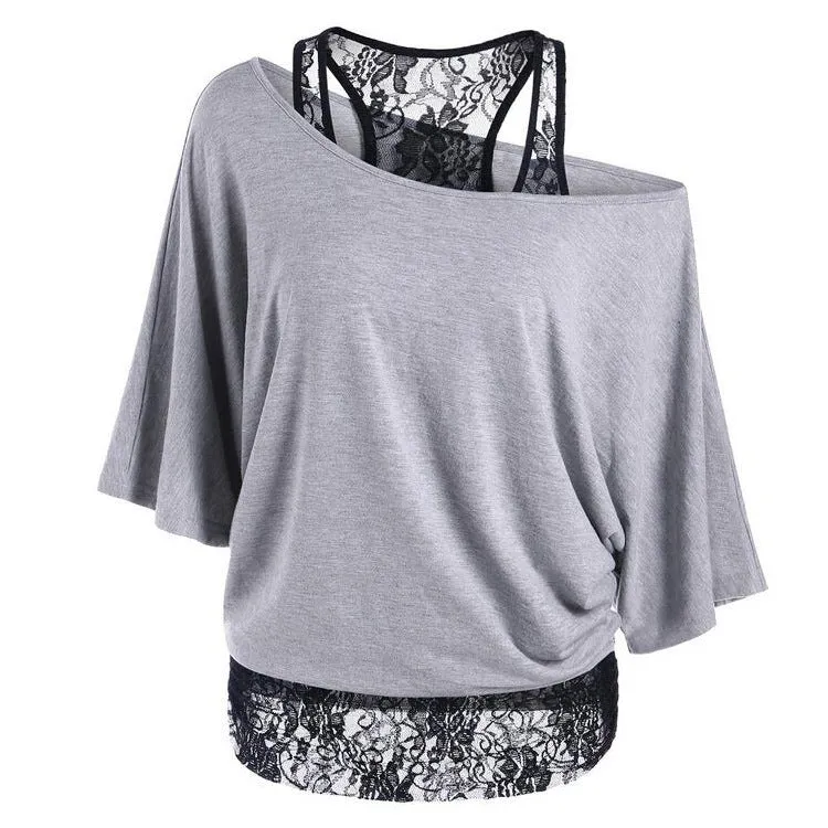 Fashion Scoop One Shoulder Lace Patchwork Short Sleeves T-shirt