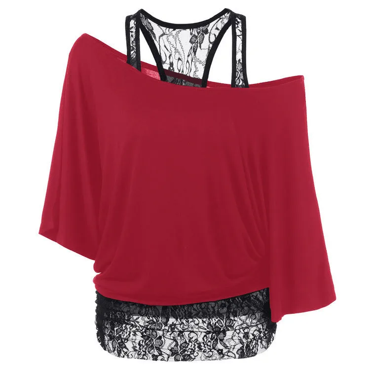 Fashion Scoop One Shoulder Lace Patchwork Short Sleeves T-shirt