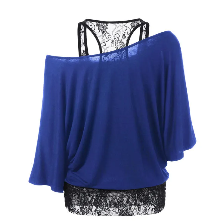 Fashion Scoop One Shoulder Lace Patchwork Short Sleeves T-shirt