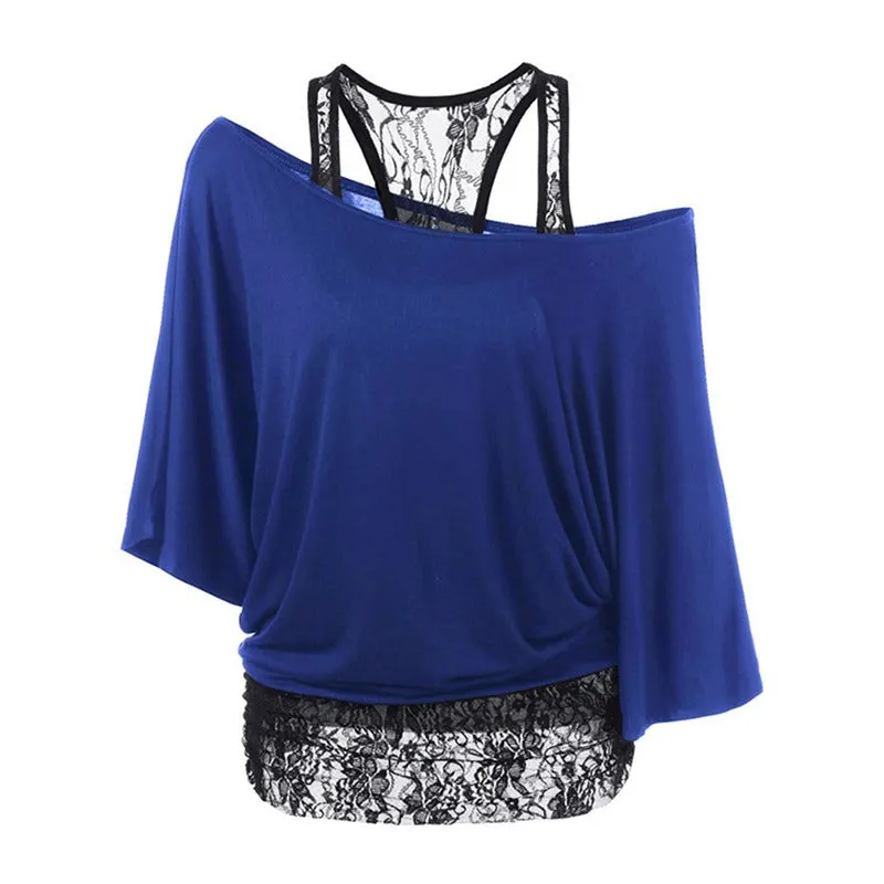 Fashion Scoop One Shoulder Lace Patchwork Short Sleeves T-shirt