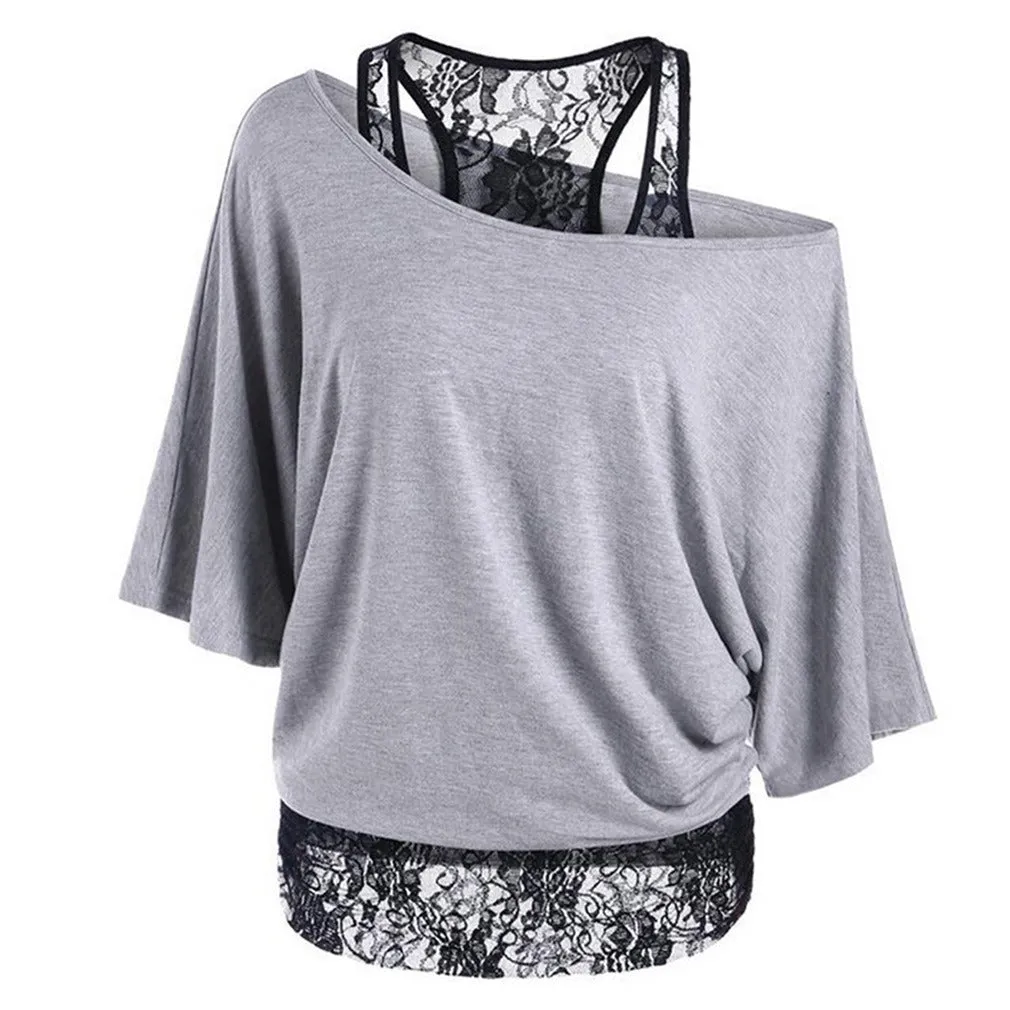Fashion Scoop One Shoulder Lace Patchwork Short Sleeves T-shirt