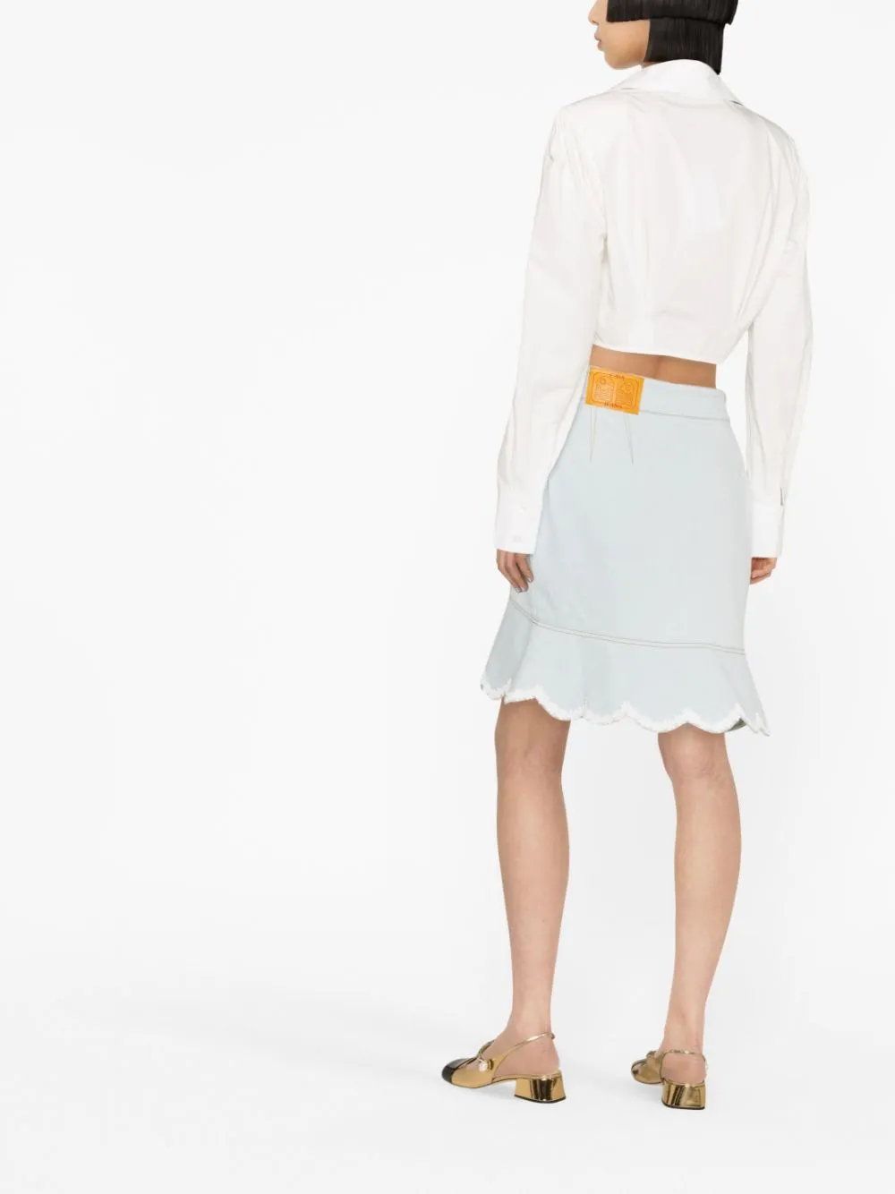 floral-embroidered denim peplum skirt
