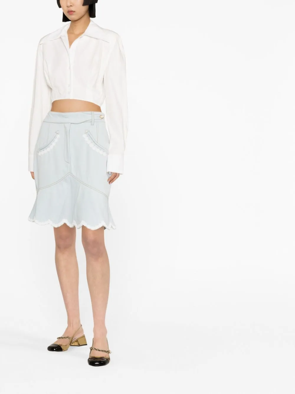 floral-embroidered denim peplum skirt