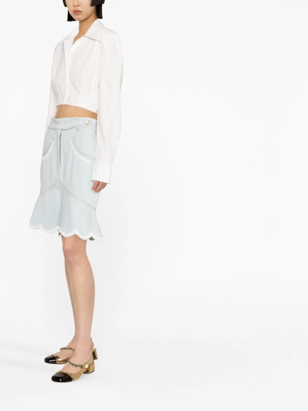 floral-embroidered denim peplum skirt
