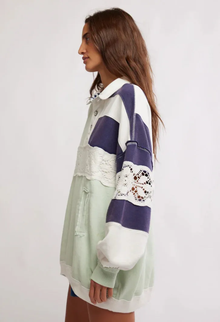 Free People American Dream Lace Accent Colorblock Cotton Rugby Shirt