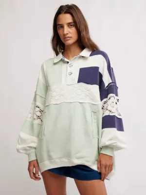 Free People American Dream Lace Accent Colorblock Cotton Rugby Shirt