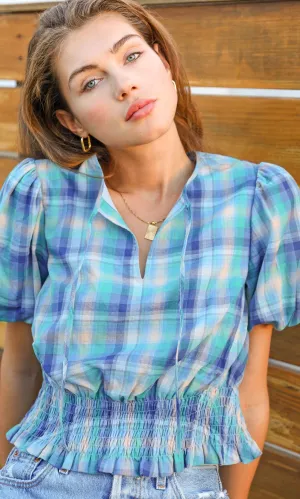 Gellany Puff Sleeve Top ~ Cobalt Plaid