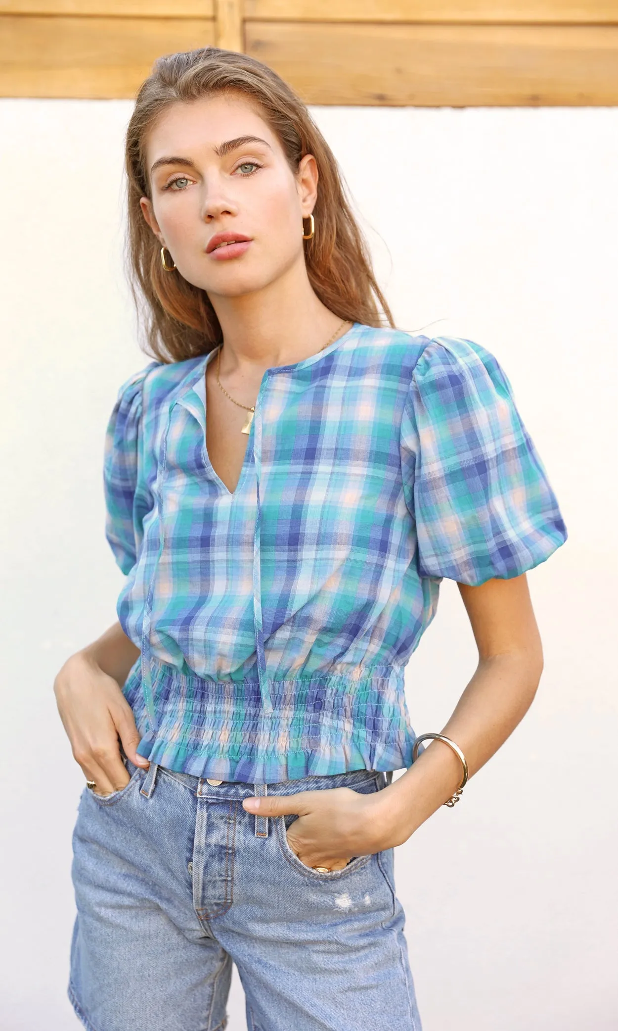 Gellany Puff Sleeve Top ~ Cobalt Plaid