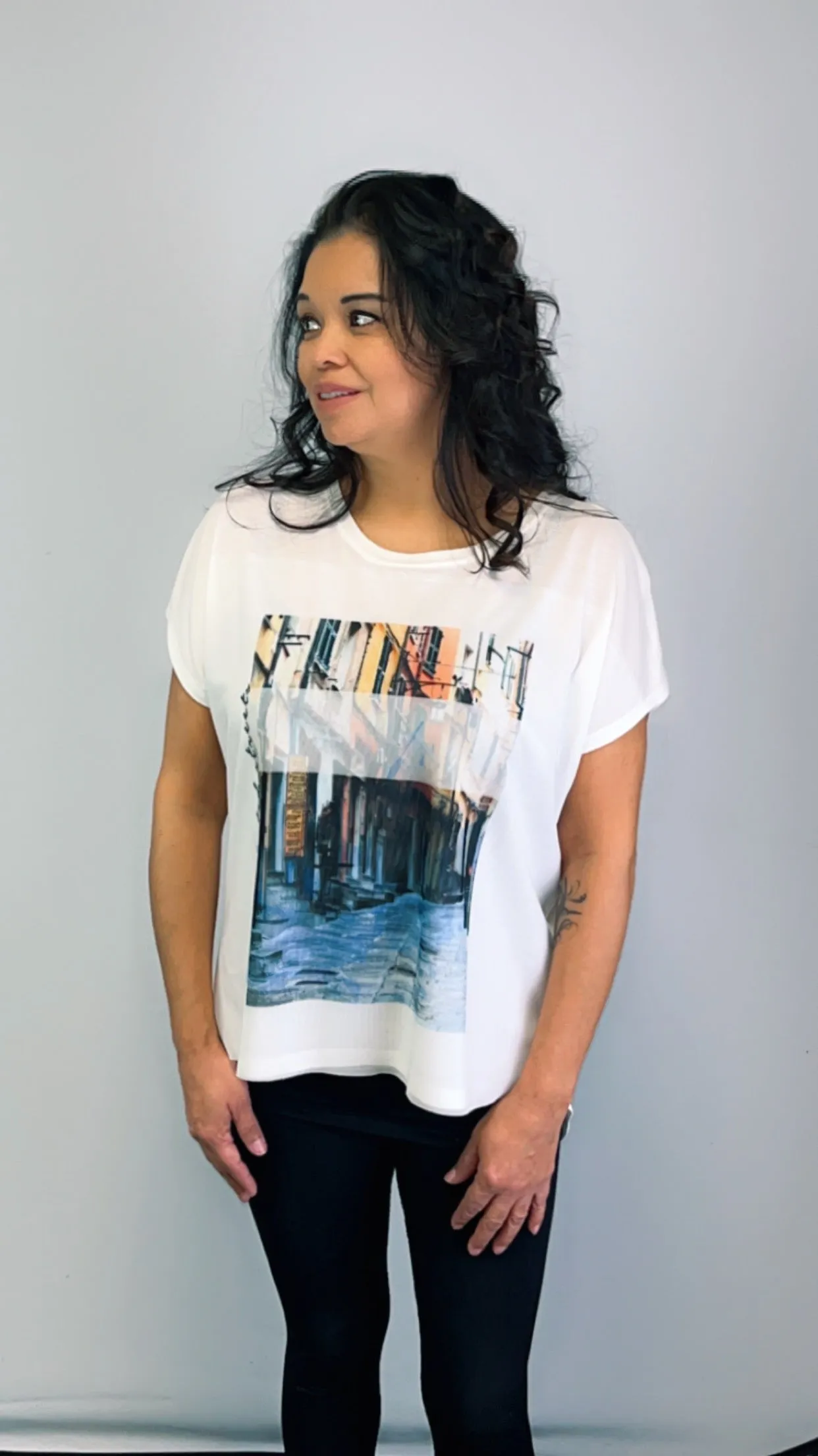Knit Print Top with Mesh Printed Overlay S/S (D960SV)