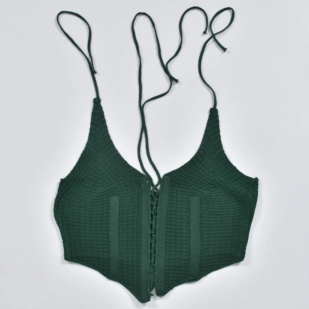 Knitted Halter Backless Hollow Out Crop Top