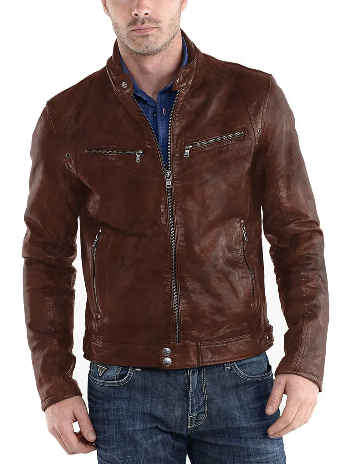 Leather Jackets Hub Mens Genuine Lambskin Leather Jacket (Black, Racer Jacket) - 1501233