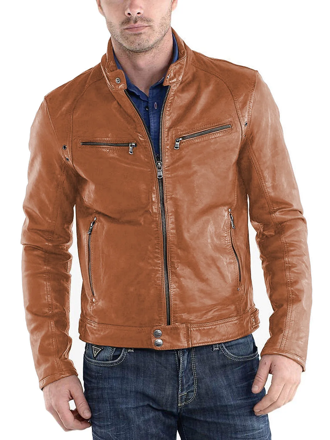 Leather Jackets Hub Mens Genuine Lambskin Leather Jacket (Black, Racer Jacket) - 1501233
