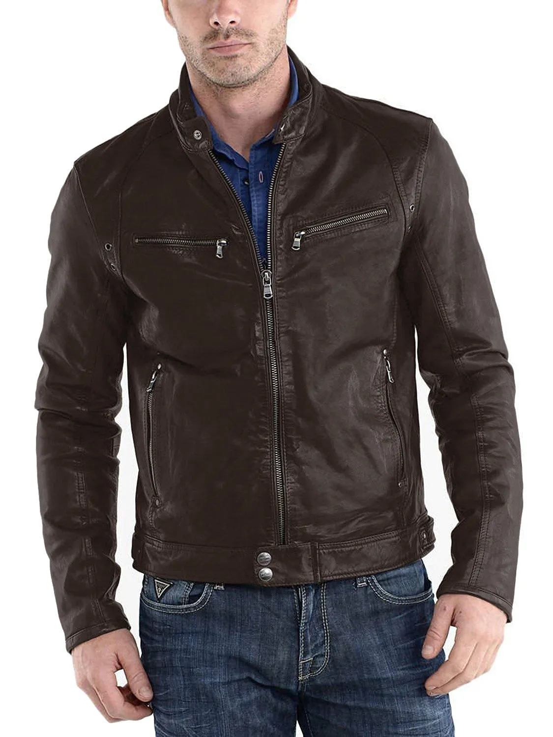 Leather Jackets Hub Mens Genuine Lambskin Leather Jacket (Black, Racer Jacket) - 1501233
